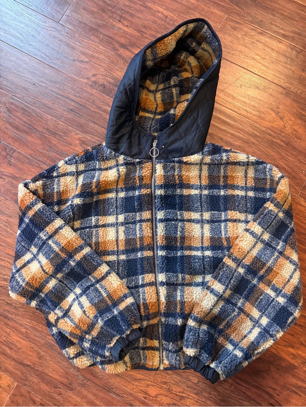 Altar'd State Plaid Sherpa Puffer Jacket - Navy & Tan